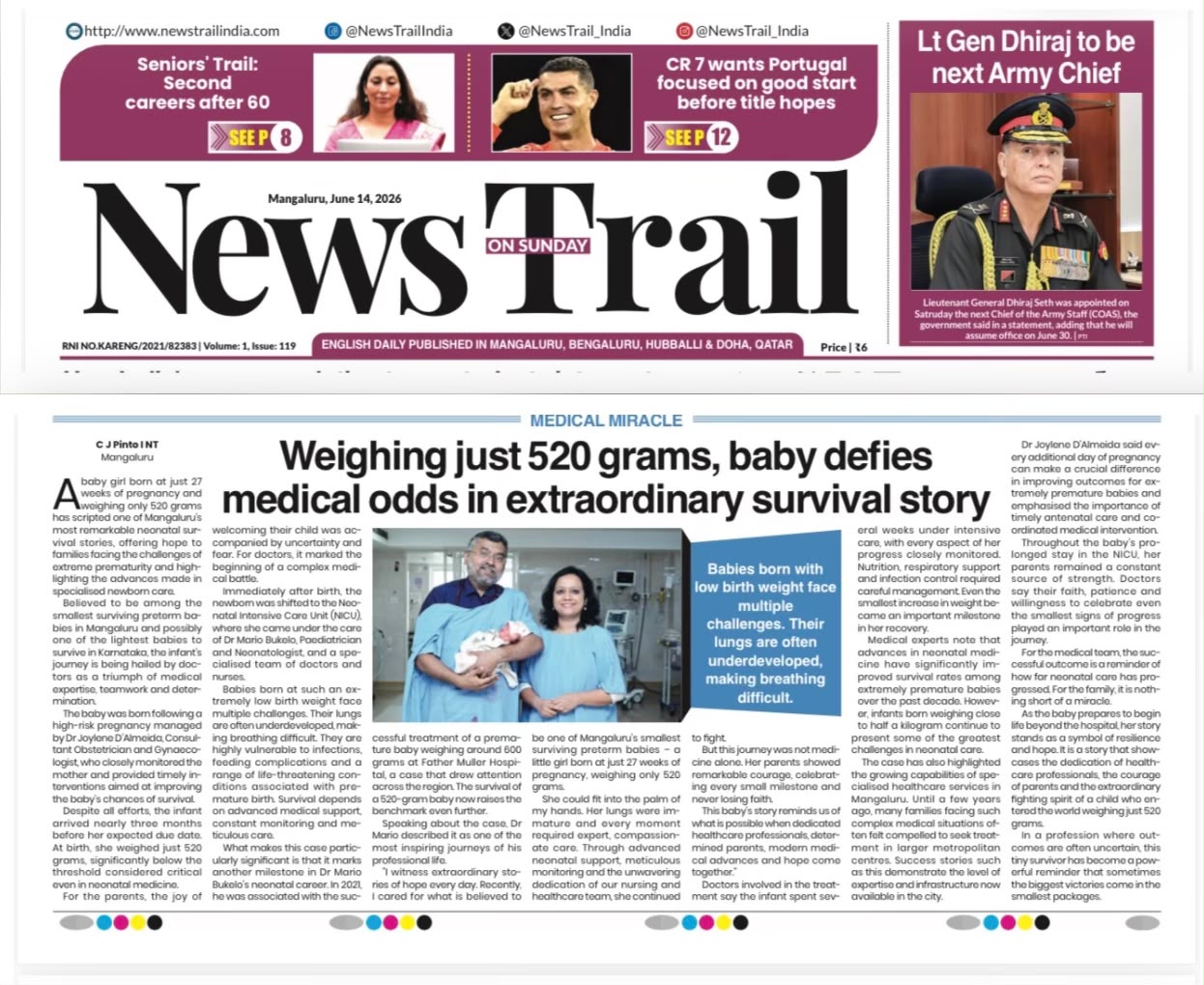 520g miracle baby — news report featuring Dr. Joylene D'Almeida at FMMCH